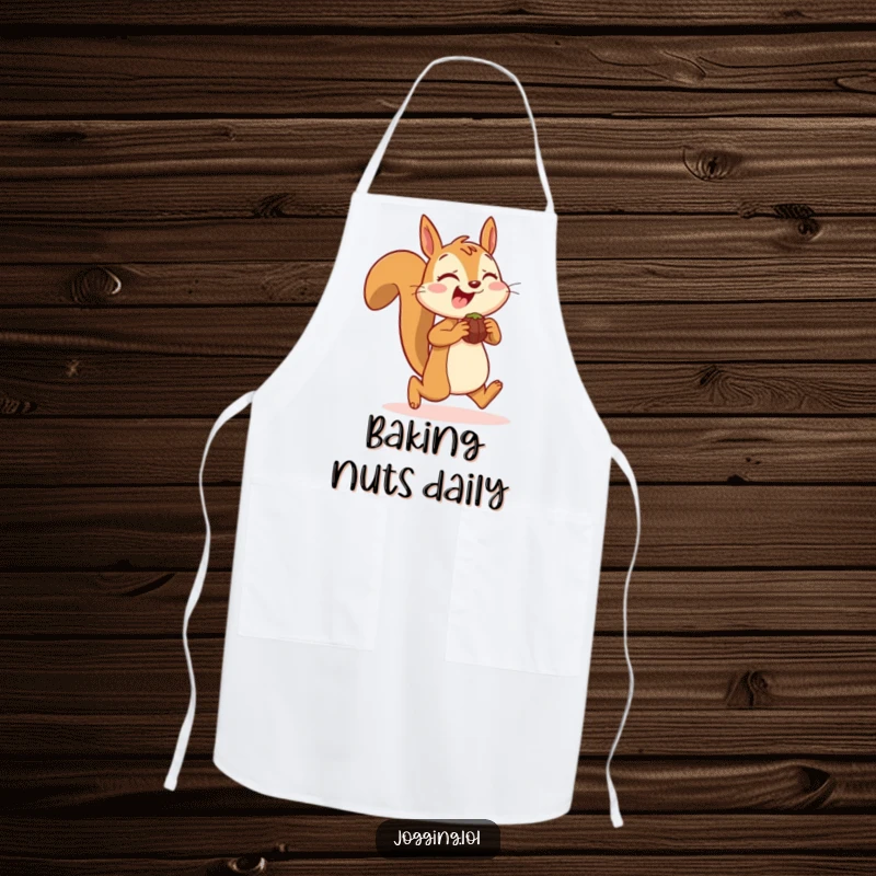 Funny apron with a joyful squirrel character jogging with nuts in its cheeks, adding a nutty, humorous touch to cooking, an ideal funny gift.