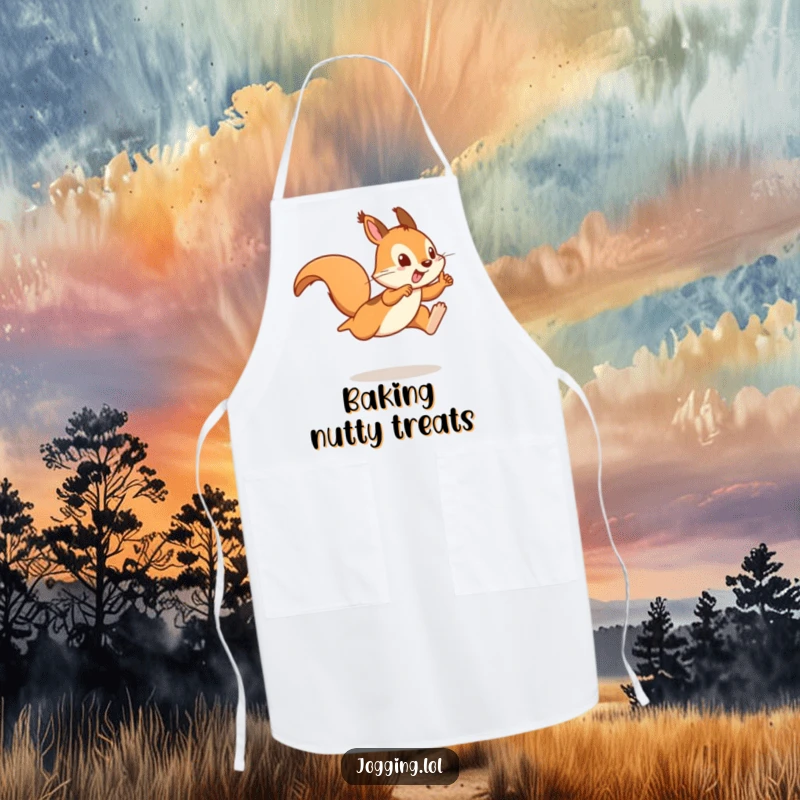 Funny apron illustration of a playful squirrel sprinter leaping into action, ready for kitchen fun and culinary creations.