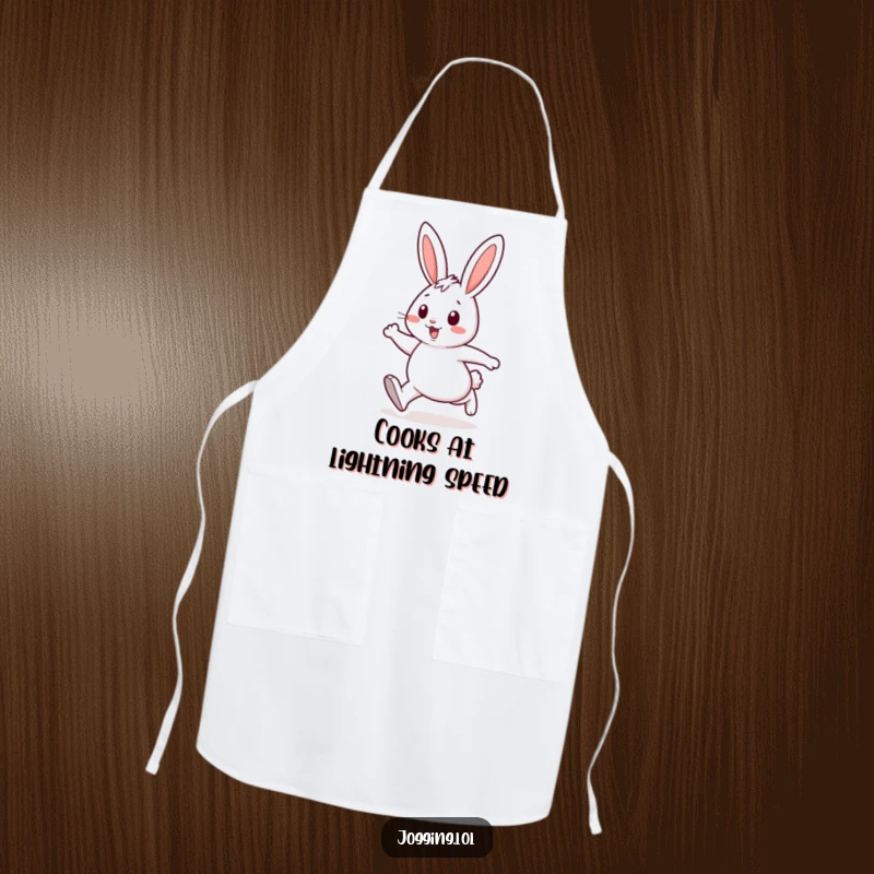 Funny apron featuring a cheerful rabbit character with energetic strides, ready to add humor and fun to any cooking or baking session.