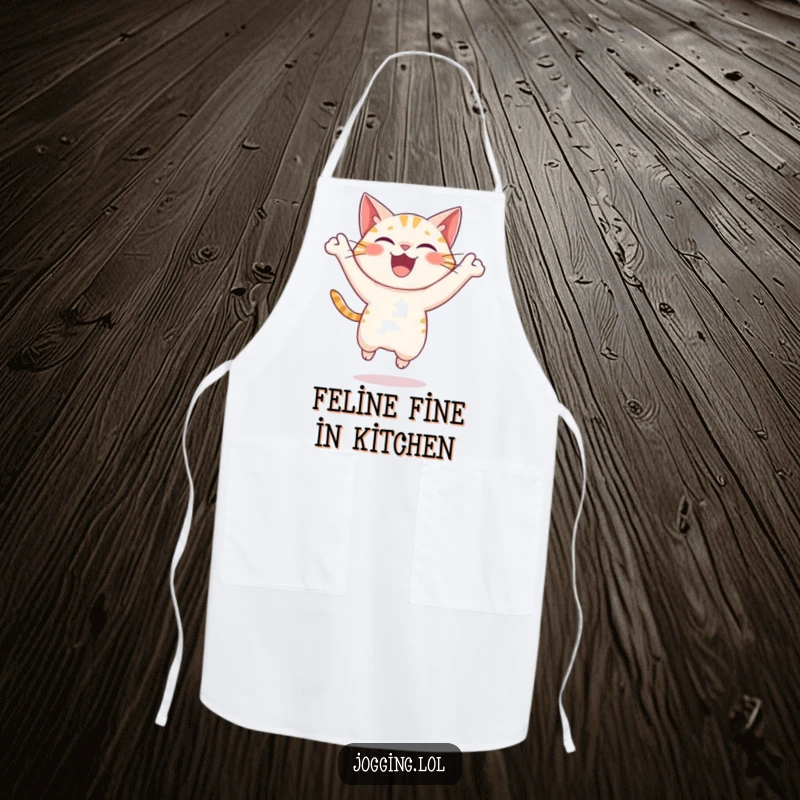 Funny cat apron showing a delighted character leaping with great energy, ideal for cooks who appreciate humor and a playful kitchen, a unique gift.