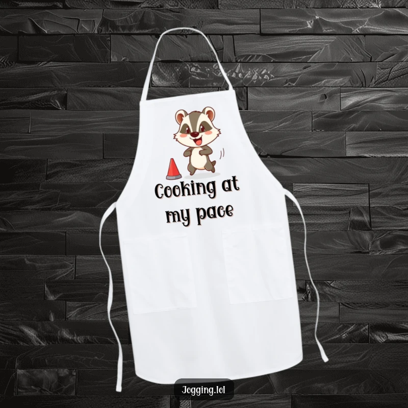 Funny apron showing a happy badger character comically starting a race, ideal for kitchen use while adding a humorous and energetic touch.