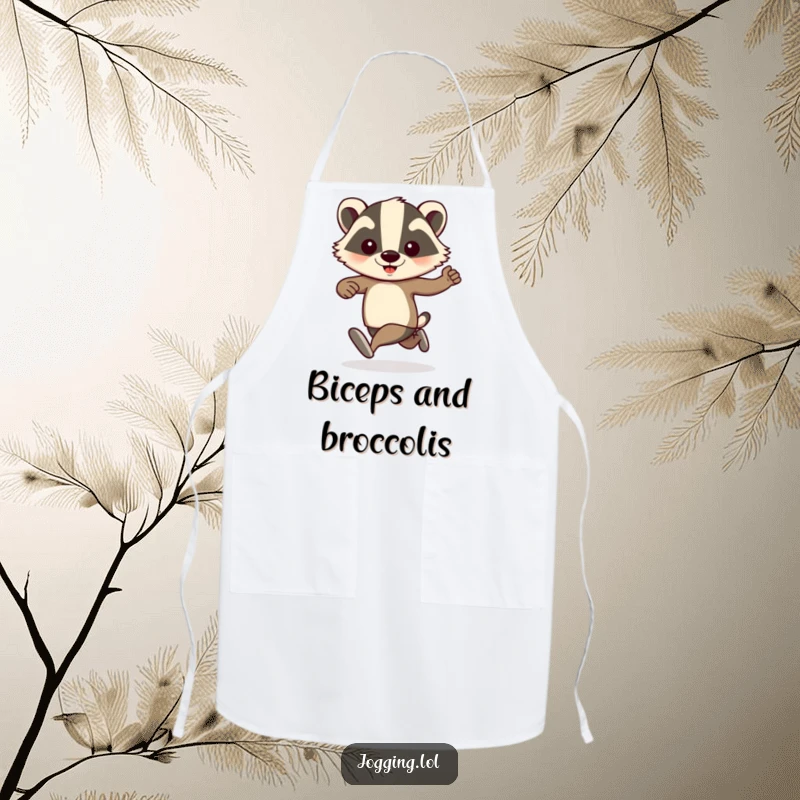 Funny badger jogger illustration on an apron, with arms pumping vigorously, suggesting energetic and humorous food preparation.