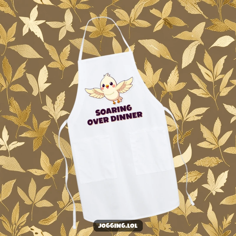 Funny bird apron featuring a happy bird character soaring with outstretched wings, adding a humorous and graceful touch to kitchen wear.