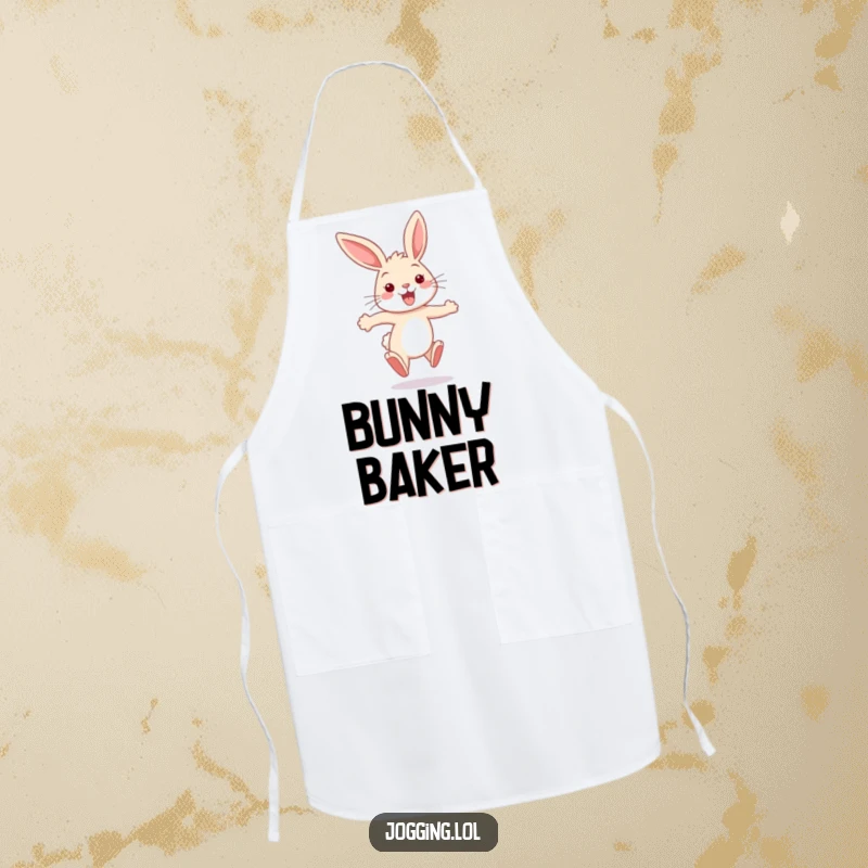 Funny bunny apron showing a happy rabbit sprinting with ears flapping, ready to add some humor to any culinary task.