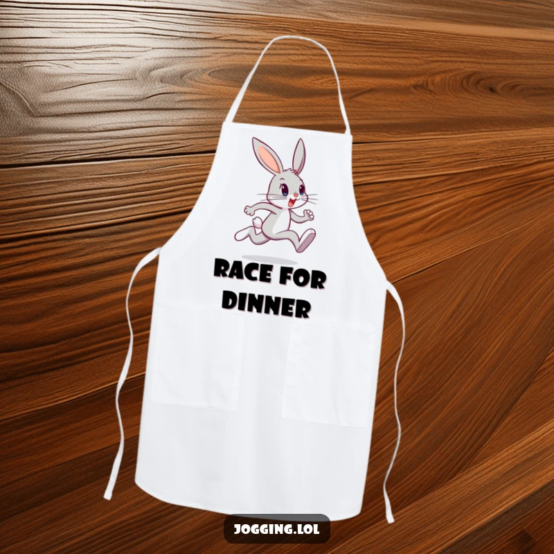 Funny bunny apron with a determined character sprinting into the kitchen, ready to cook with speed and humor, a great funny gift.
