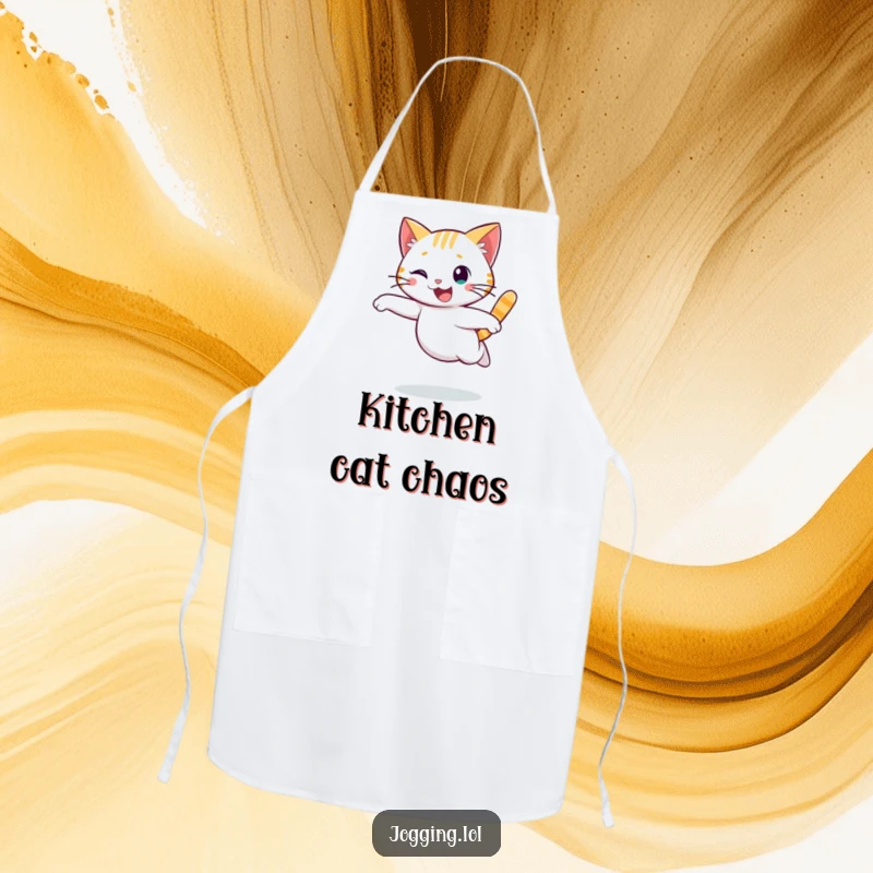Funny cat apron showing a cheerful character running with a graceful, flowing motion, ideal for adding humor to kitchen duties.