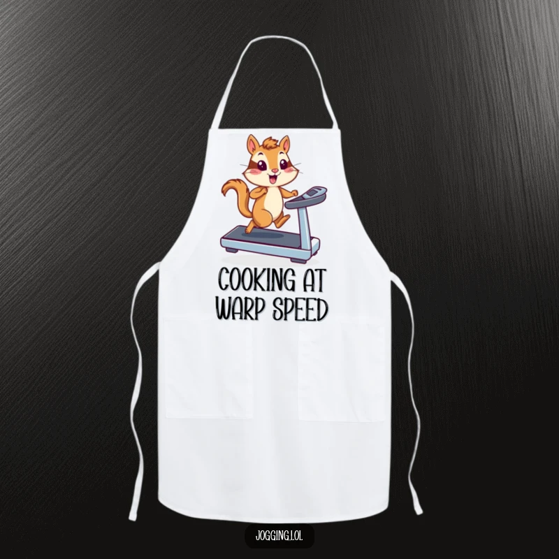 Funny chipmunk runner on a treadmill, shown at full speed on an apron, making kitchen work hilariously efficient and fun.