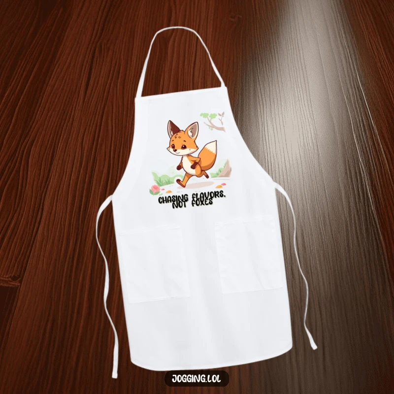 Funny apron with a curious fox character jogging through scenery, adding a humorous touch to kitchen activities, an ideal funny gift.