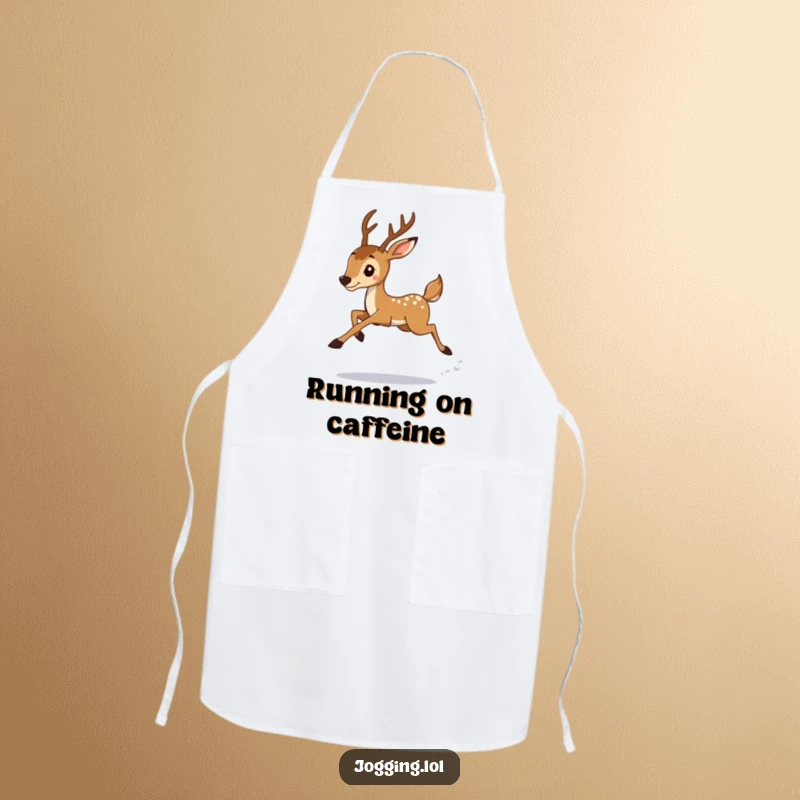 Funny deer jogger illustration on an apron, mid-graceful leap, suggesting speed and determination for a humorous kitchen experience.