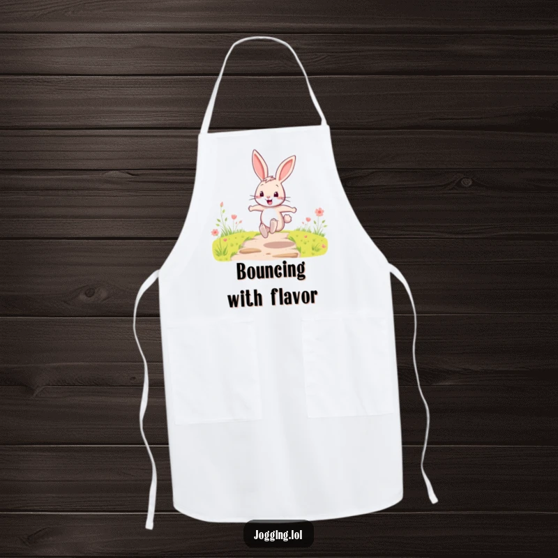 Funny Apron featuring a happy cartoon rabbit character making energetic leaps, ready for kitchen fun with a smile.
