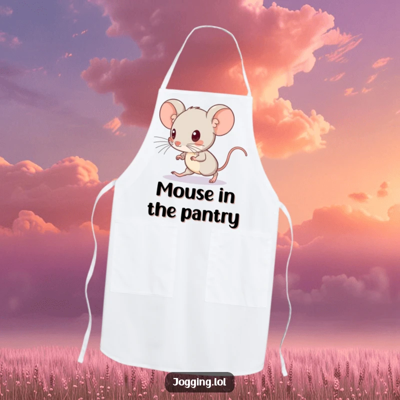Funny apron showing a curious mouse picking up its pace, looking ahead, ready for kitchen tasks.
