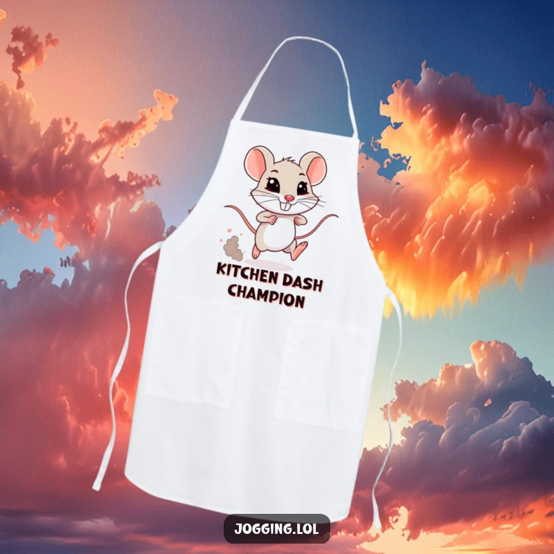 Funny mouse apron with a tiny, grinning rodent sprinting and creating a dust cloud. A humorous and practical kitchen accessory.