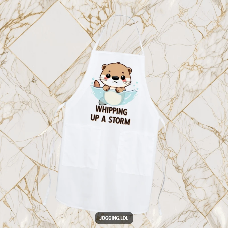 Funny apron showing a determined otter character swimming with rhythmic strokes, ideal for kitchen use with an aquatic and humorous theme.