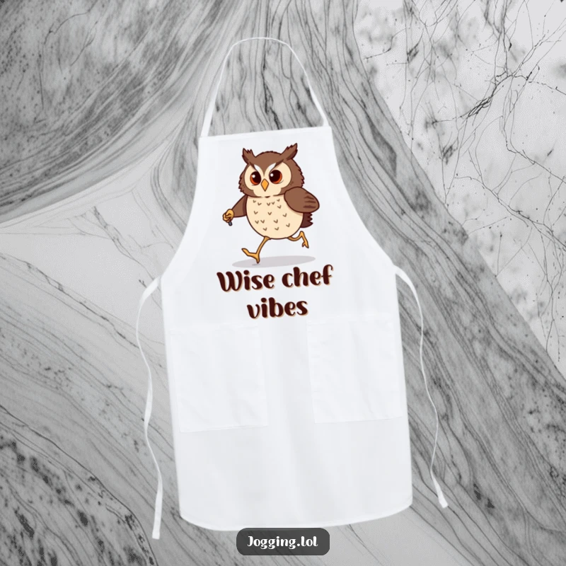 Funny owl apron with a determined bird comically jogging with tiny jogging poles. Humorous and practical kitchen wear.