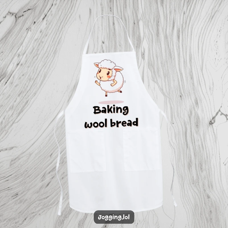 Funny sheep apron with a fluffy sheep comically jogging with a happy expression. Humorous and practical kitchen wear.