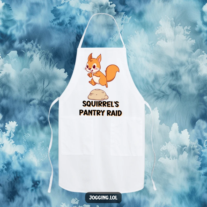Funny apron showing a playful squirrel in mid-leap, jumping over an obstacle, perfect for kitchen tasks.