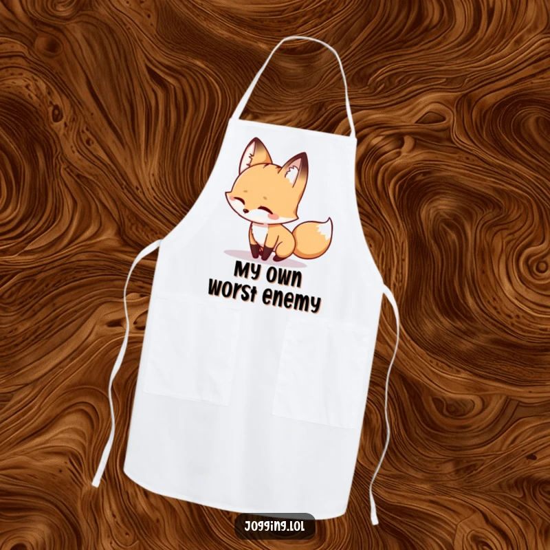 Funny fox apron with a winking character playfully chasing its shadow, perfect for adding humorous flair to kitchen activities.