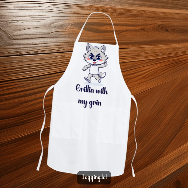 Funny wolf jogger illustration on an apron, with a confident smile, suggesting bold and humorous cooking adventures.