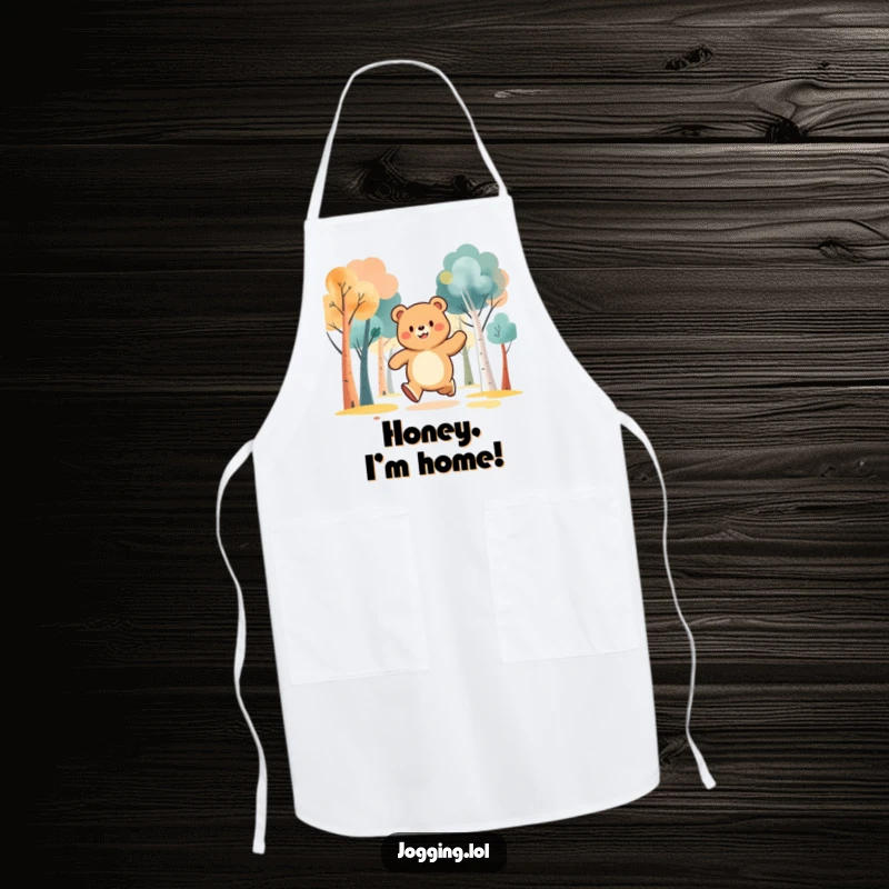 Funny apron with a jubilant bear character jogging through abstract trees, perfect for the cheerful chef.