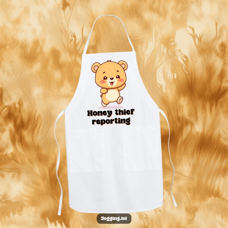 Funny bear cub apron showing a gleeful character bouncing with each stride, ideal for cooks who enjoy humor and a cheerful atmosphere, a unique gift.