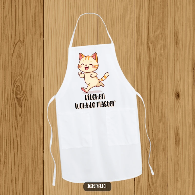 Funny apron with a happy cat character jogging with a playful wobble, adding humorous feline charm to cooking, an ideal funny gift.