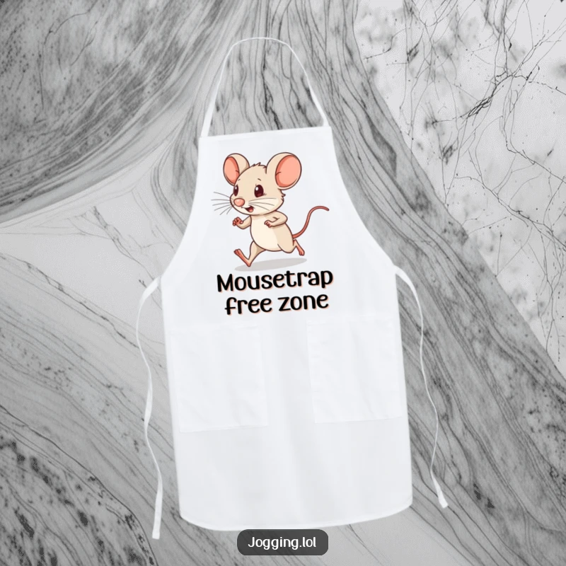 Funny apron showing a determined little mouse character running with tiny legs pumping, perfect for a humorous kitchen adventure.