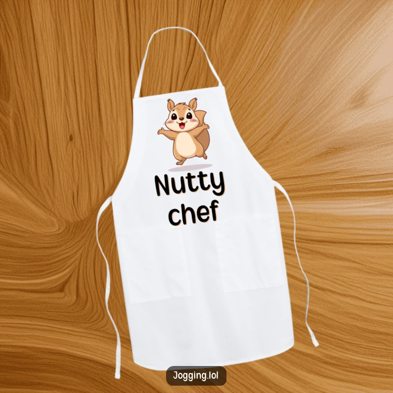 Funny squirrel apron showing a cheerful squirrel bouncing rhythmically with blurred legs, ready to add humor to any meal prep.