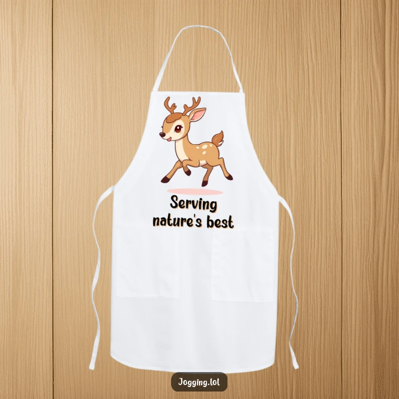 Funny apron featuring a smiling deer energetically bounding, designed for cooks who want to add a touch of humor and spirit to their kitchen.