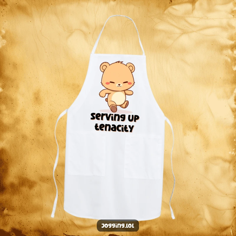 Funny apron featuring a determined bear cub character jogging with a grin, adding humor and a motivational spirit to cooking.