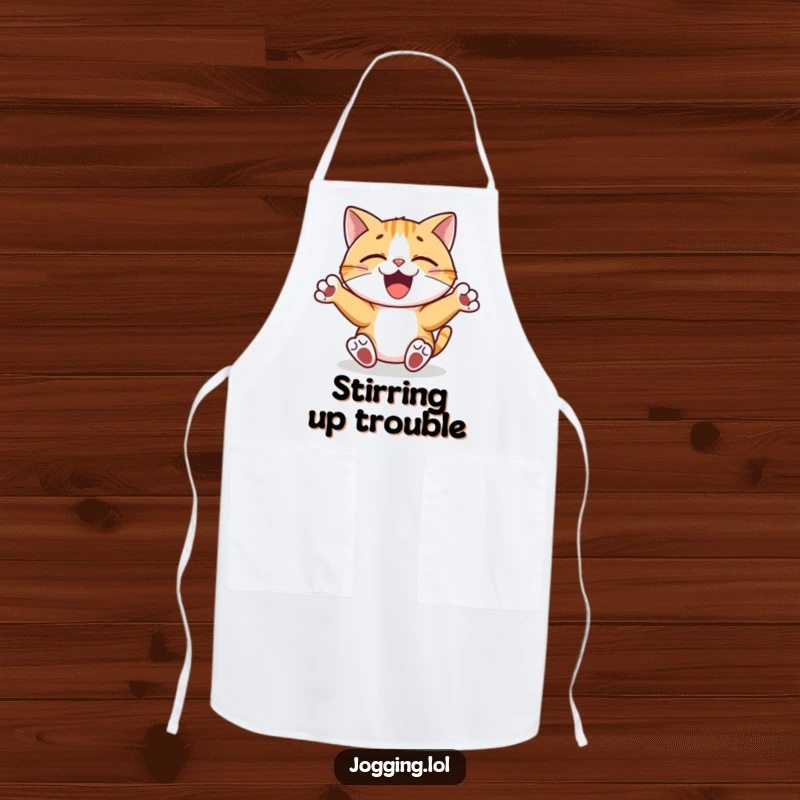 Funny apron featuring a joyful cat character with paws pumping rhythmically, perfect for adding a fun, musical element to cooking.