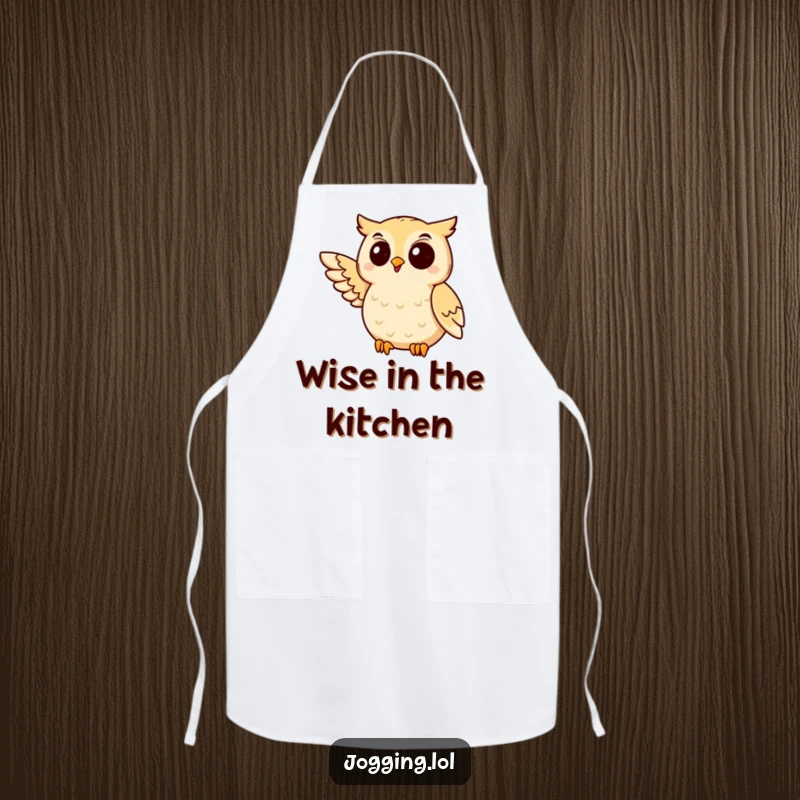 Funny owl apron with a delighted bird mid-jog and wing extended, adding humor to kitchen tasks.