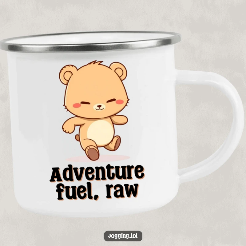 Funny camping mug featuring a determined bear cub character jogging with a grin, perfect for enjoying drinks during outdoor adventures.