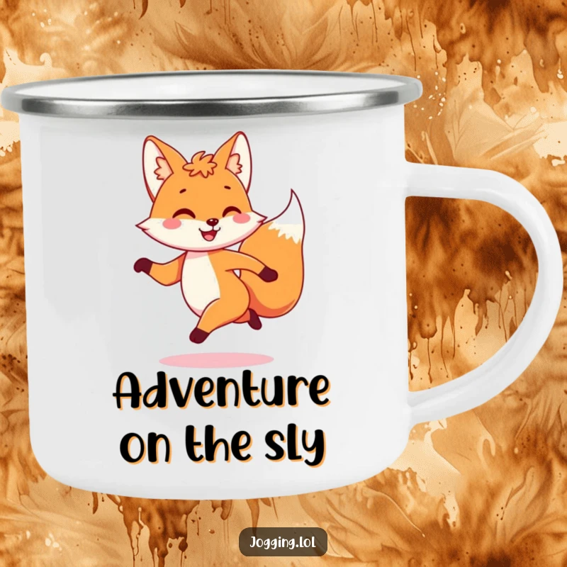 Funny camping mug with a playful fox character dashing with a joyful bounce, ready for campfire stories and outdoor fun.