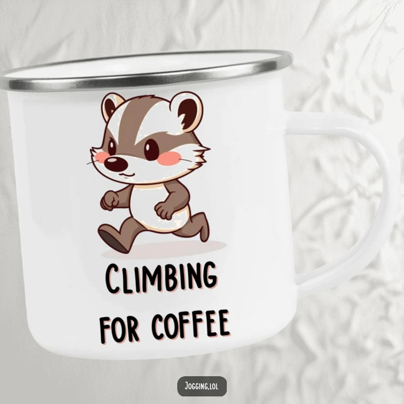 Funny camping mug of a determined badger with puffed cheeks, jogging uphill, ready for any outdoor challenge.