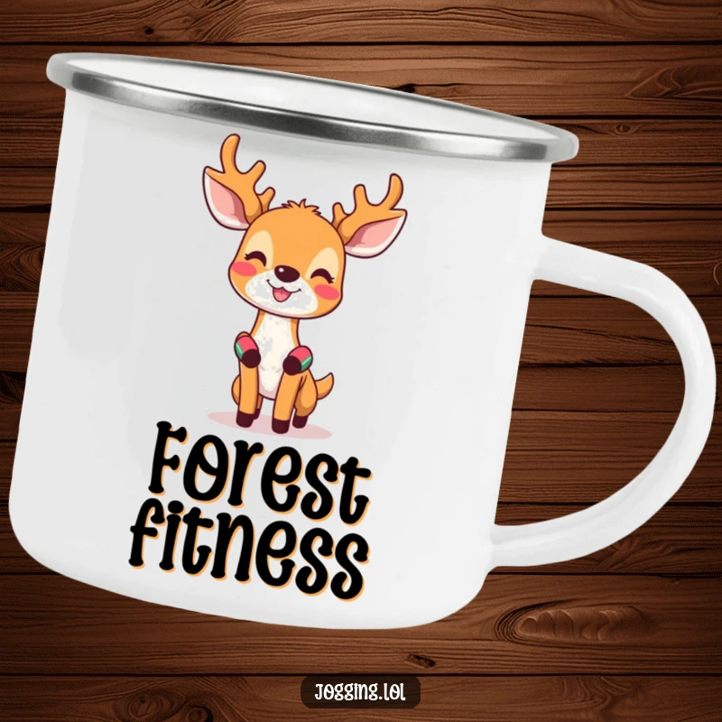 Funny camping mug showing a happy deer with tiny sweatbands on its wrists, looking invigorated for outdoor activities.