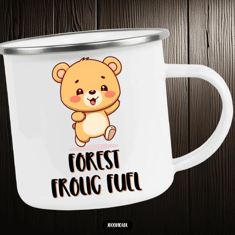 Funny bear cub camping mug showing a gleeful character bouncing with each stride, ready for outdoor fun, a durable and humorous gift.