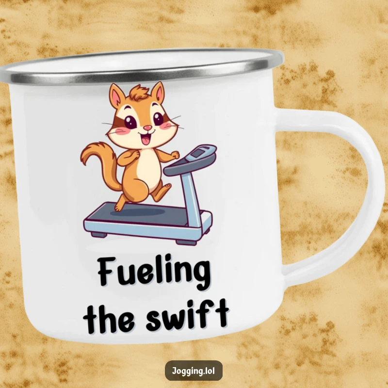 Funny chipmunk runner on a treadmill, depicted with speed on a camping mug, ideal for humorous enjoyment of beverages in the great outdoors.