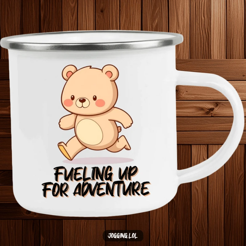 Funny camping mug showcasing a diligent bear running with a steady, happy gait, perfect for enjoying drinks outdoors with a humorous, adventurous spirit.