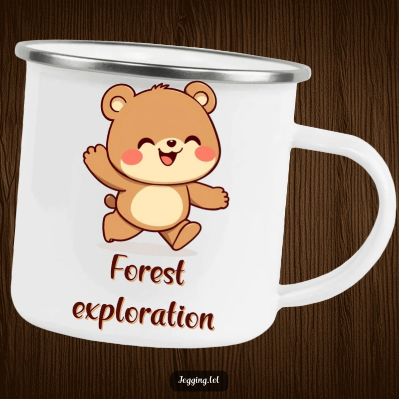 Funny enamel camping mug featuring a curious bear jogger looking ahead with joy, perfect for outdoor adventures.