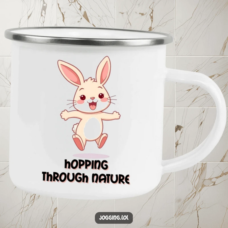 Funny bunny camping mug depicting a happy rabbit sprinting with ears flapping, ready for any adventure with humorous enthusiasm.