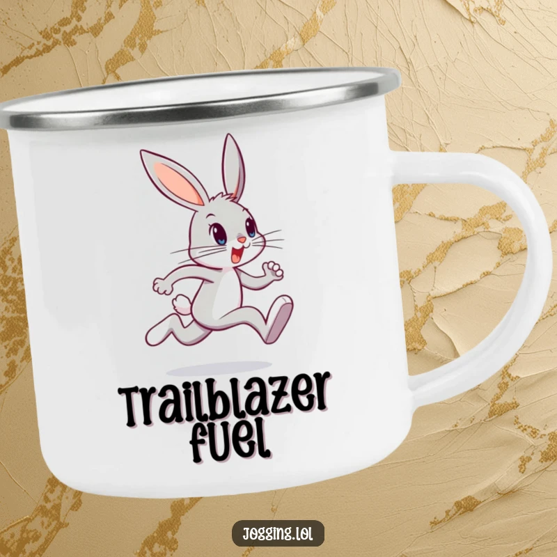 Funny bunny camping mug showing a determined character sprinting, ideal for outdoor adventures and morning coffee, a rugged funny gift.