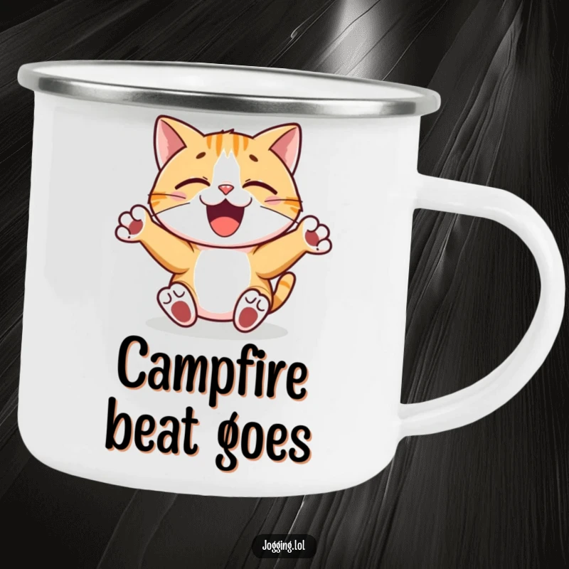 Funny camping mug featuring a joyful cat character with paws pumping rhythmically, ideal for enjoying drinks during outdoor adventures.