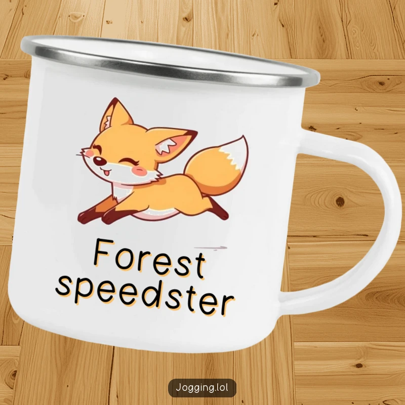 Funny cheerful fox camping mug, legs tucked, moving fast, playful animal, outdoor adventure, durable mug, perfect funny gift