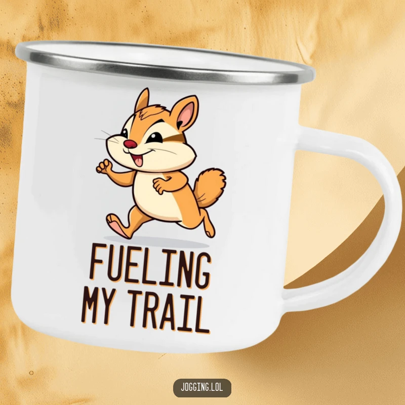 Funny chipmunk camping mug with a smiling rodent mid-jog, perfect for outdoor adventures and a dose of humor.