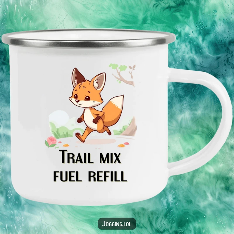 Funny camping mug with a curious fox character jogging in a natural setting, durable and humorous for outdoor enthusiasts, a great funny gift.