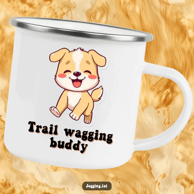 Funny dog camping mug showing a smiling character energetically wagging its tail, built for outdoor fun and humorous moments.