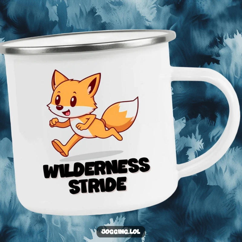 Funny enamel camping mug featuring a sly fox runner in determined strides, perfect for outdoor adventures.