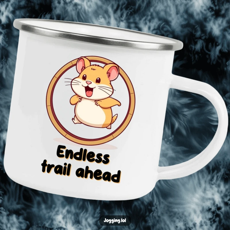 Funny camping mug with a determined hamster running vigorously on a wheel graphic, ready for any outdoor challenge.