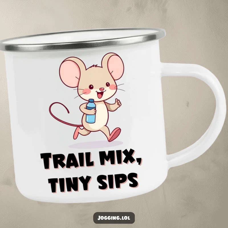 Funny camping mug featuring a cheerful mouse character jogging with a tiny water bottle, ready for any outdoor expedition.