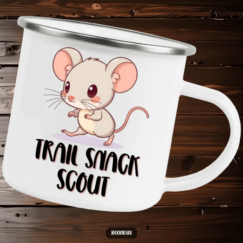 Funny camping mug of a curious mouse picking up its pace, looking ahead, ready for the outdoors.